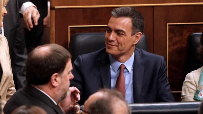 El diputado de ERC, Oriol Junqueras, junto al presidente del Gobierno en funciones, Pedro Sánchez, en el Congreso de los Diputados.