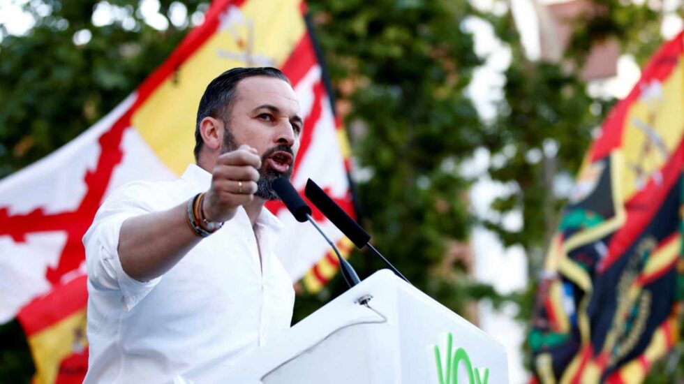 Santiago Abascal durante el acto de cierre de campaña en Madrid.