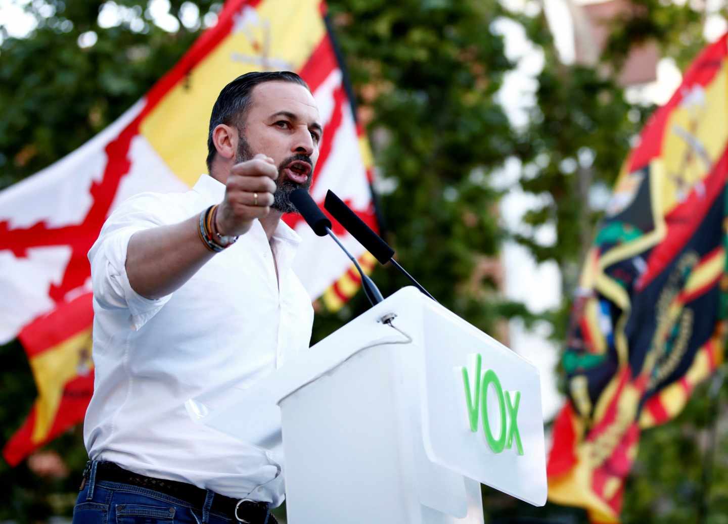 Santiago Abascal durante el acto de cierre de campaña en Madrid.