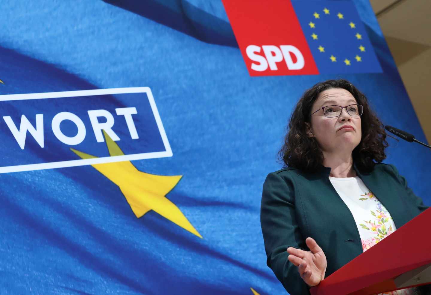 Andrea Nahles, líder socialdemócrata alemana, en rueda de prensa en Berlín.