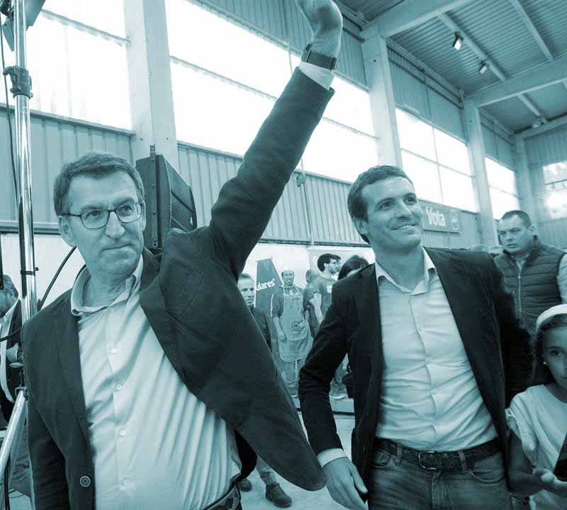 Pablo Casado y Alberto Núñez Feijóo, en un acto electoral en la localidad pontevedresa de Nigrán.