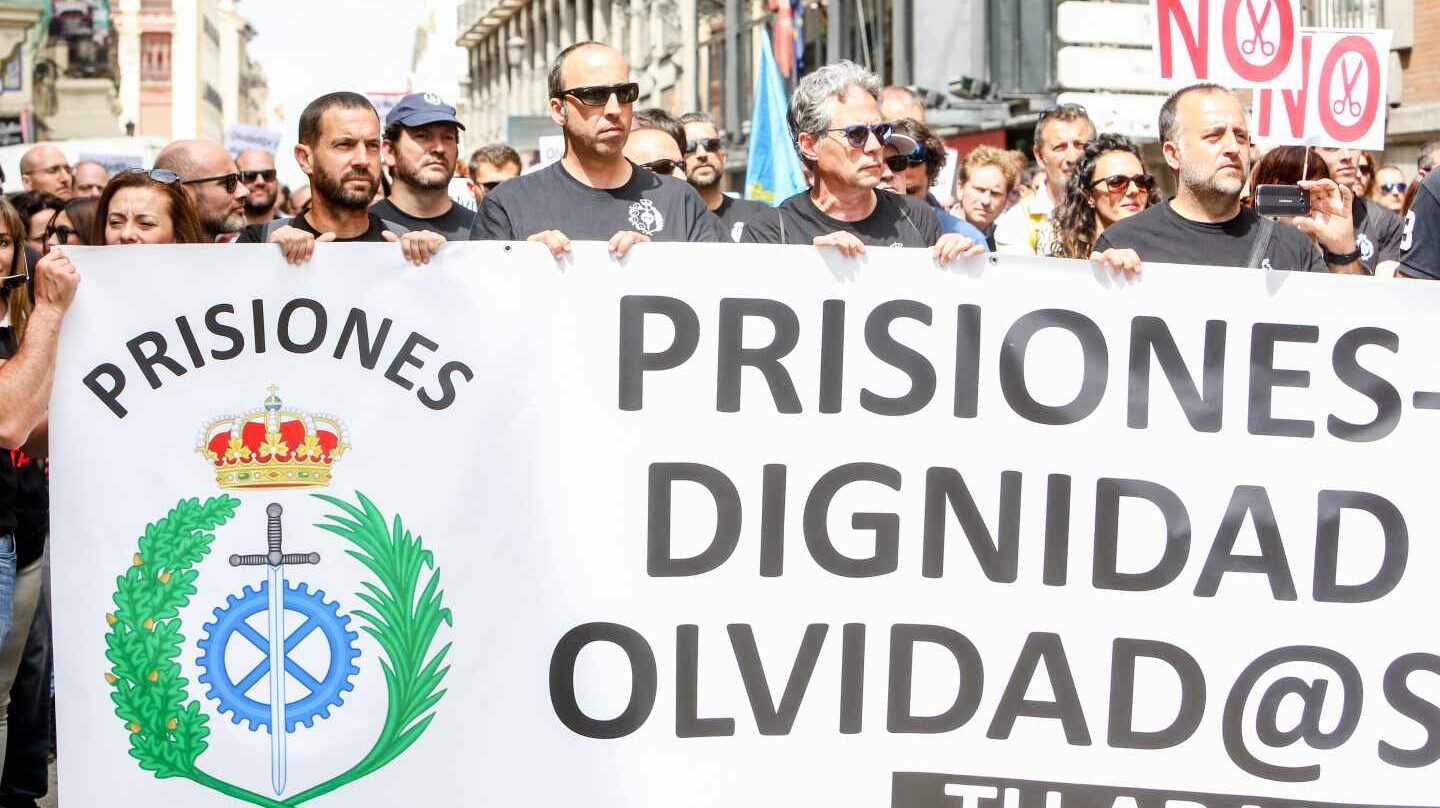 Cabecera de la manifestación secundada este martes por funcionarios de Prisiones en Madrid.