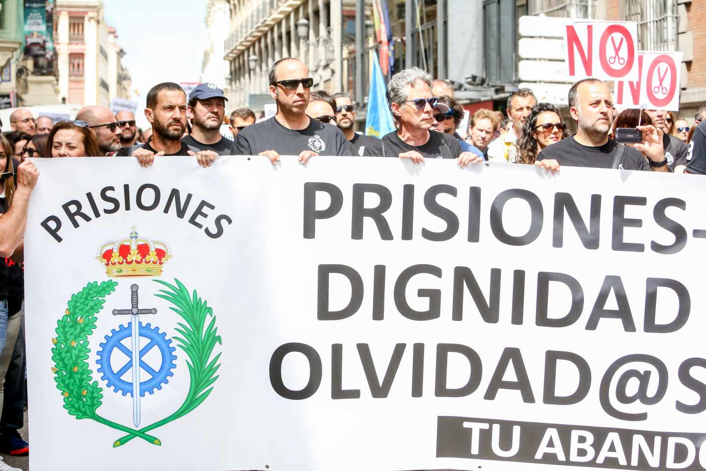 Cabecera de la manifestación secundada este martes por funcionarios de Prisiones en Madrid.