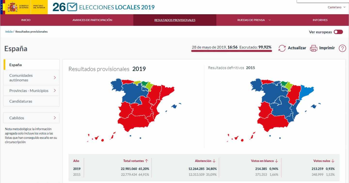 Captura de la web de consulta de los resultados de las elecciones municipales.