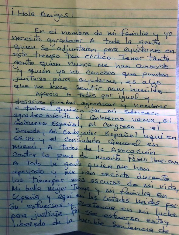 Carta manuscrita por Pablo Ibar enviada a su familia desde prisión.