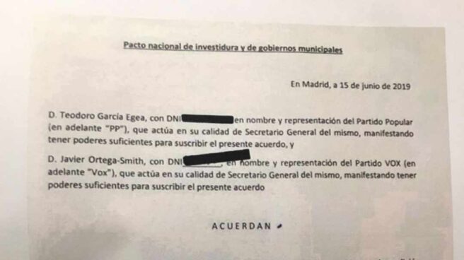 Vox hace público el acuerdo secreto con el PP en el que se le prometían concejalías