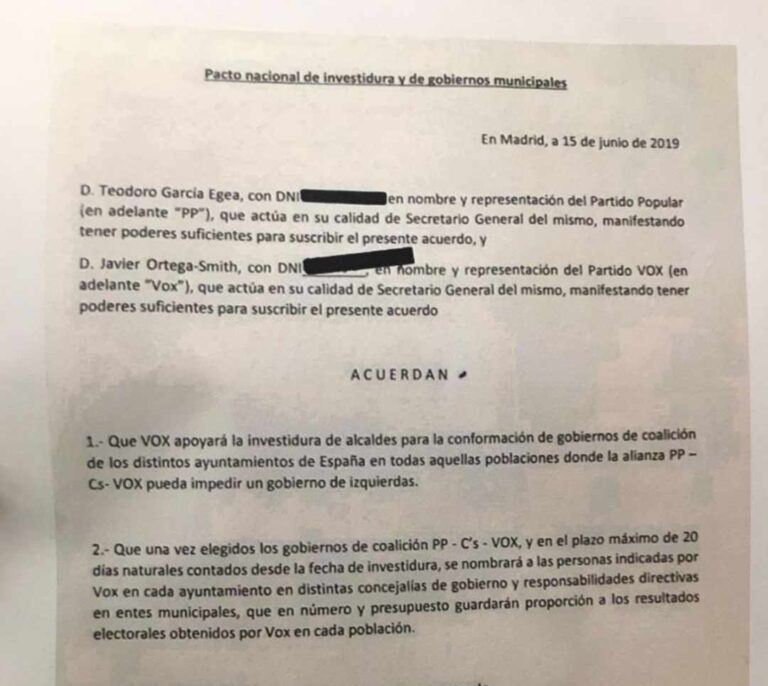Vox hace público el acuerdo secreto con el PP en el que se le prometían concejalías
