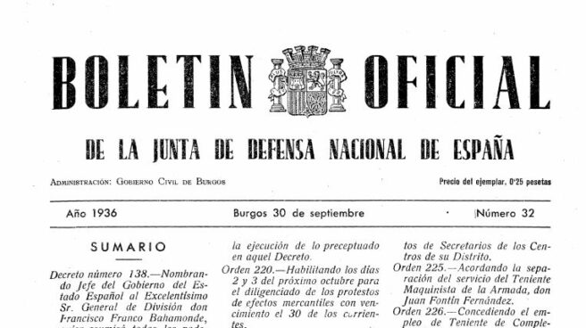 Boletín Oficial de la Junta de Defensa Nacional de España en el que se nombró a Franco 'Jefe del Gobierno'.