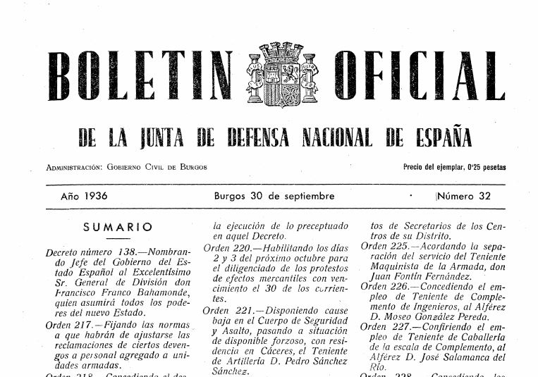 Boletín Oficial de la Junta de Defensa Nacional de España en el que se nombró a Franco 'Jefe del Gobierno'.
