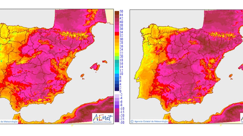 Mapa de calor de la península con las temperaturas del miércoles 26 y el jueves 27.