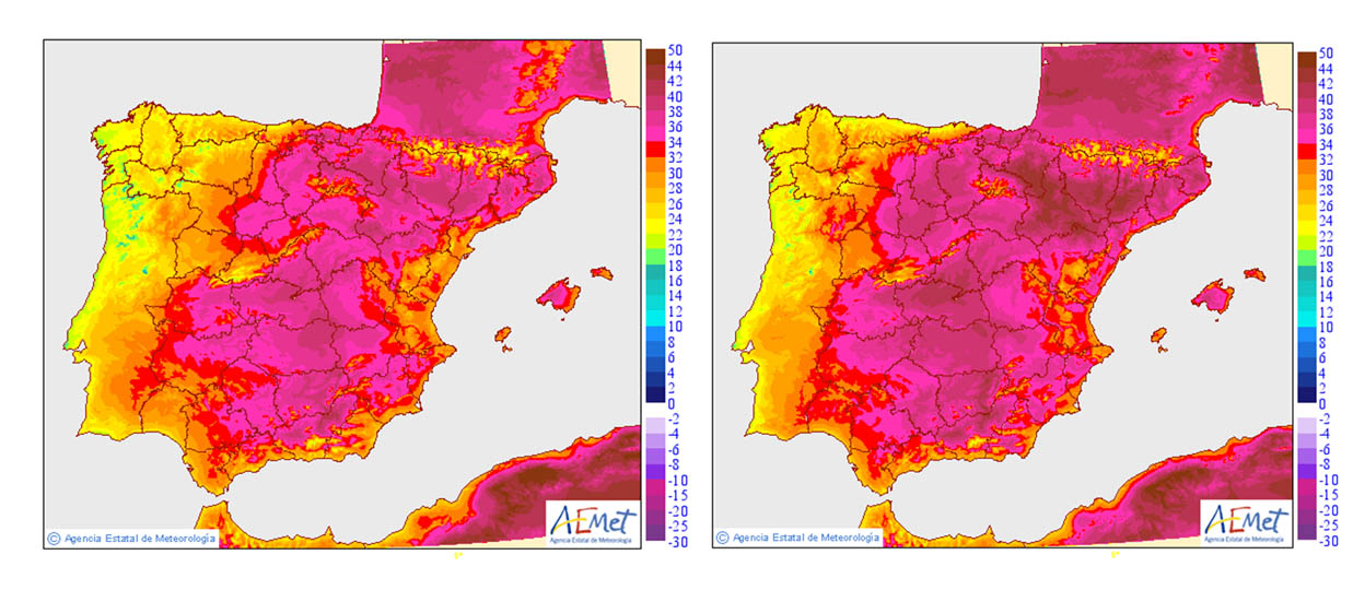 Mapa de calor de la península con las temperaturas del miércoles 26 y el jueves 27.