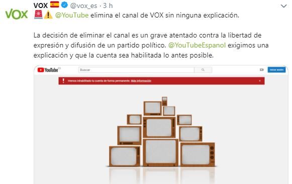 Vox ha denunciado en Twitter el cierre de su canal de Youtube.