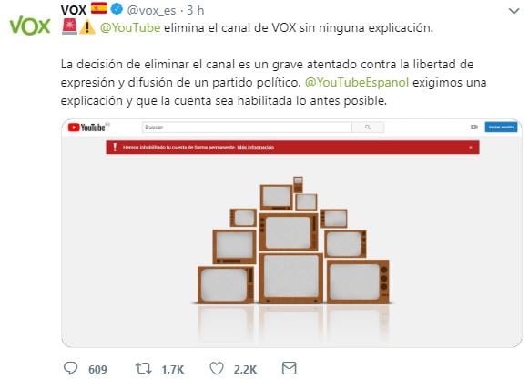 Vox ha denunciado en Twitter el cierre de su canal de Youtube.