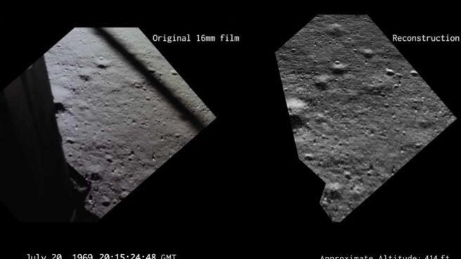 La imagen real y la reconstrucción de lo que veía Buzz Aldrin mientras aterrizaba en la luna | NASA La imagen real y la reconstrucción de lo que veía Buzz Aldrin mientras aterrizaba en la luna | NASA