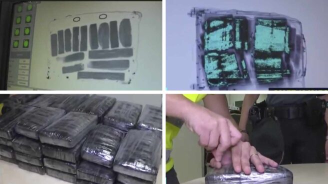 La Guardia Civil detiene a un agente que dejaba pasar maletas con 'coca' en Barajas Imágenes de la droga interceptada en Barajas el 9 de agosto de 2018, incluidas en un reportaje emitido por Telemadrid.