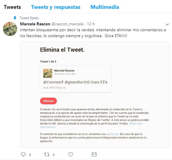 Twitter cierra la cuenta a Ordóñez por denunciar mensajes con 'goras a ETA' de una usuaria