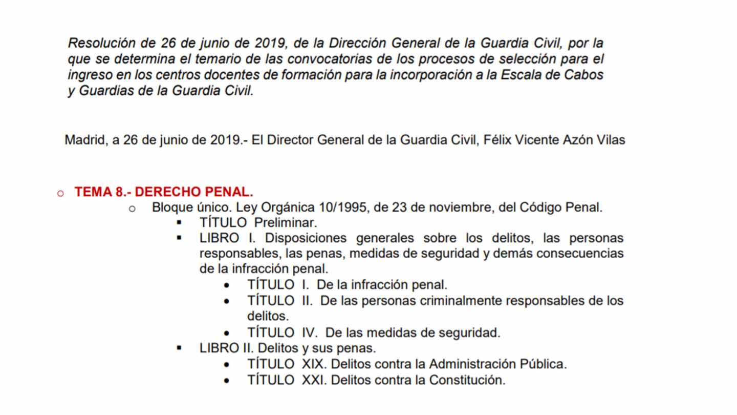 Resolución por la que se regula el nuevo temario para los procesos selectivos en la Guardia Civil.