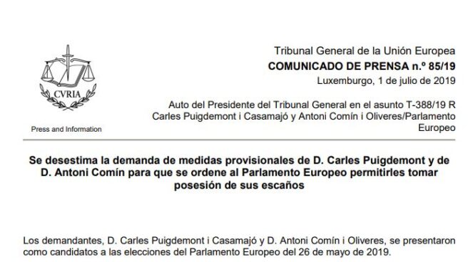 auto_tjue_puigdemont Auto por el que el TJUE rechaza las medidas cautelares solicitadas por Puigdemont y Comin.