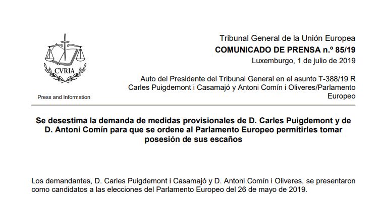 Auto por el que el TJUE rechaza las medidas cautelares solicitadas por Puigdemont y Comin.