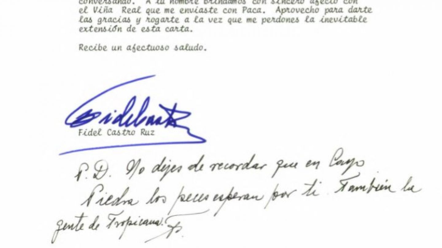 Extracto final de la carta enviada por Fidel Castro a Felipe González el 19 de enero de 1988: "No dejes de recordar que en Cayo Piedra los peces esperan por ti"