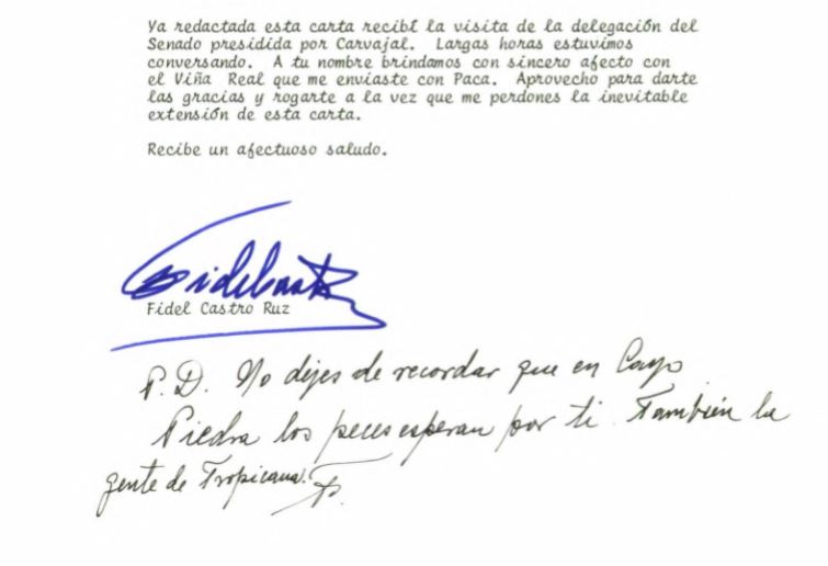 Extracto final de la carta enviada por Fidel Castro a Felipe González el 19 de enero de 1988: "No dejes de recordar que en Cayo Piedra los peces esperan por ti"