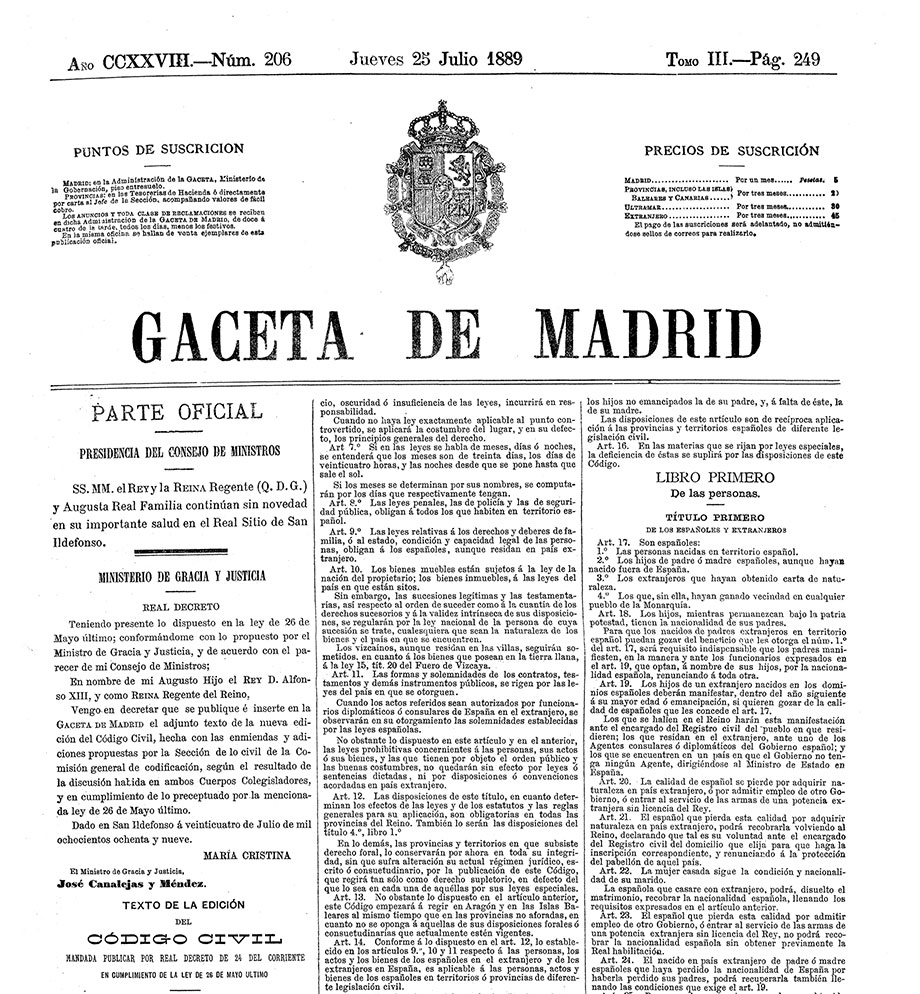 Portada de la Gaceta de Madrid con la publicación del Código Civil.