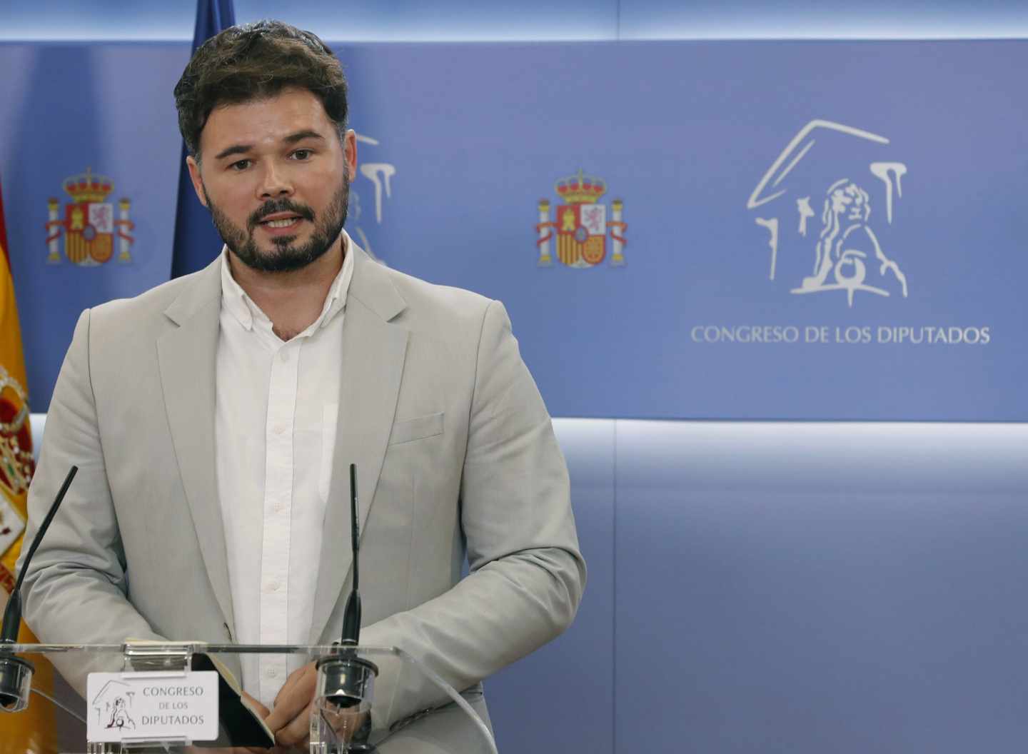 Gabriel Rufián, tras su reunión con Adriana Lastra en el Congreso de los Diputados.