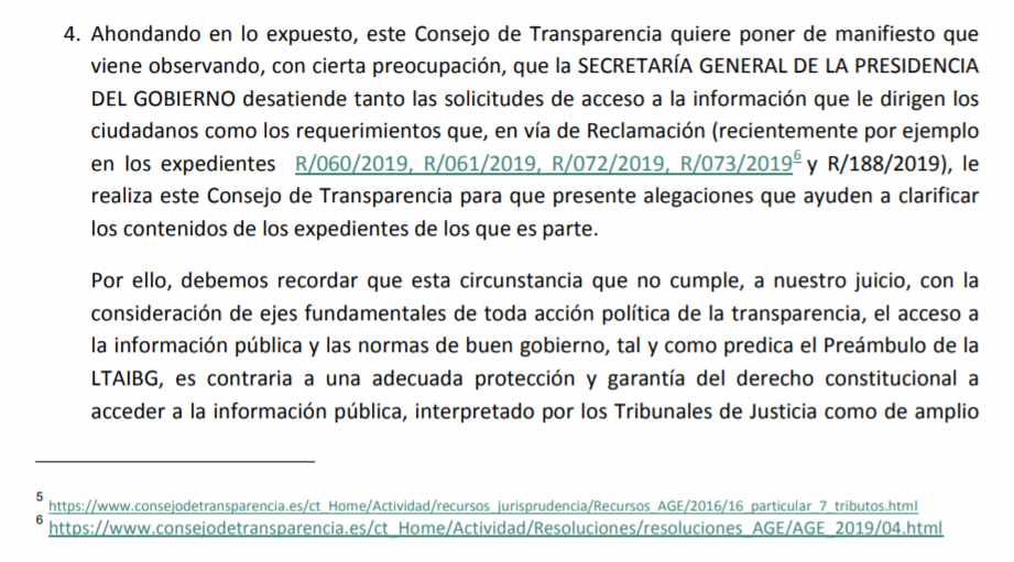 Resolución del Consejo de Transparencia en la que afea la forma de proceder de la Secretaría General de la Presidencia del Gobierno.