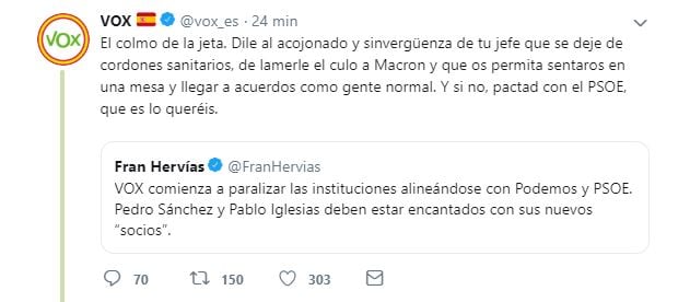 Vox llama "acojonado" y "sinvergüenza" a Rivera y le acusa de "lamer el culo" a Macron