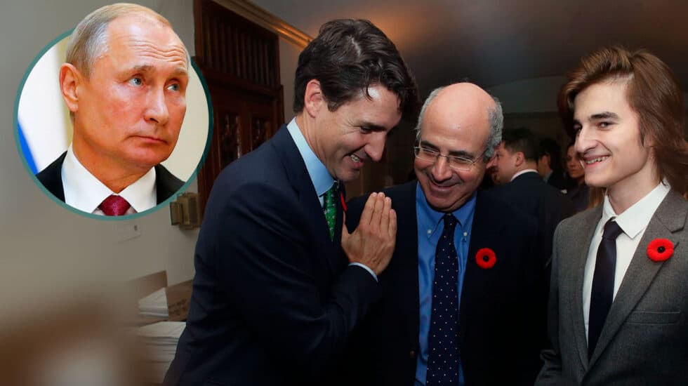 Bill Browder, en el centro, junto al primer ministro de Canadá, Justin Trudeau, y Nikita, hijo de Serguei Magnitsky. En el círculo, Putin.