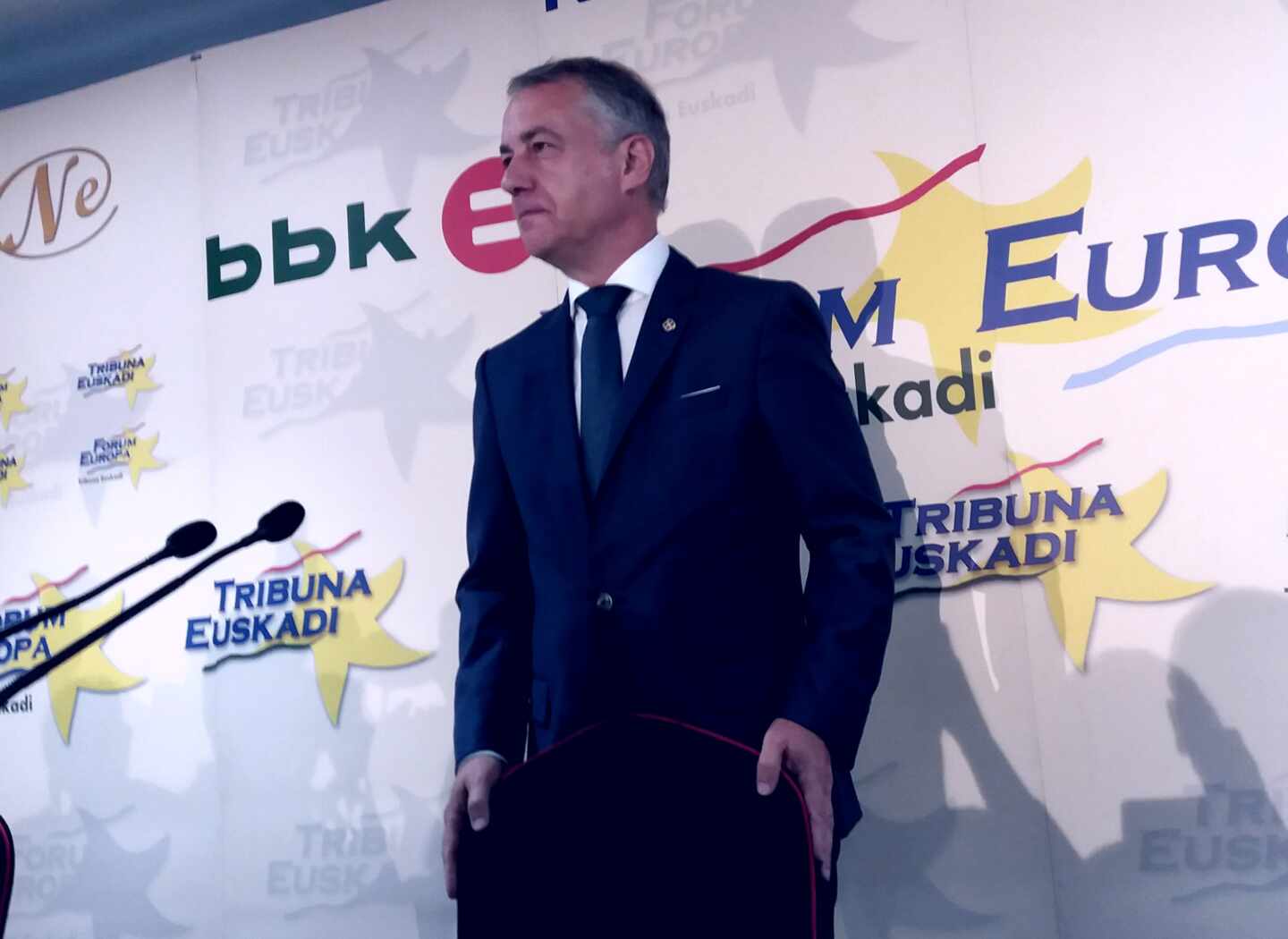 El lehendakari Iñigo Urkullu durante el desayunooinformativo celebrado hoy en Bilbao.