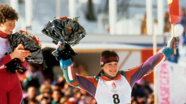 Blanca Fernández Ochoa, en el podium de Albertville 1992