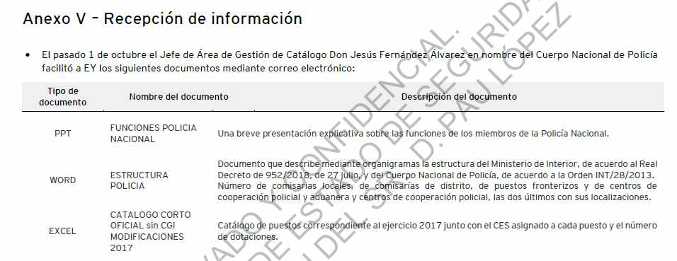 Anexo del informe de la consultora en la que hace referencia al catálogo sin incluir la Comisaría General de Información.