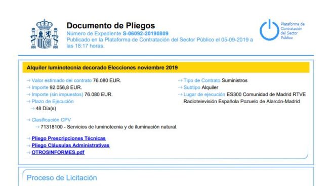 Pliego del contrato de alquiler de luminotecnia para las elecciones generales publicado por RTVE.