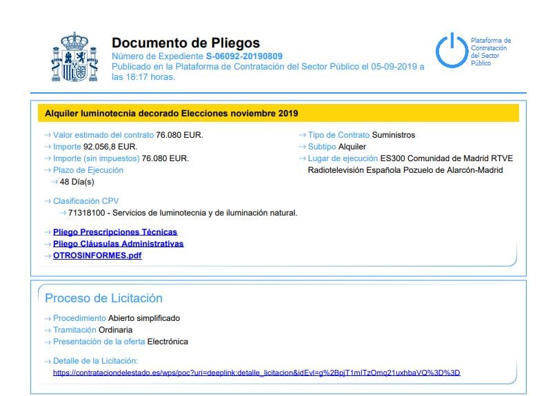 Pliego del contrato de alquiler de luminotecnia para las elecciones generales publicado por RTVE.