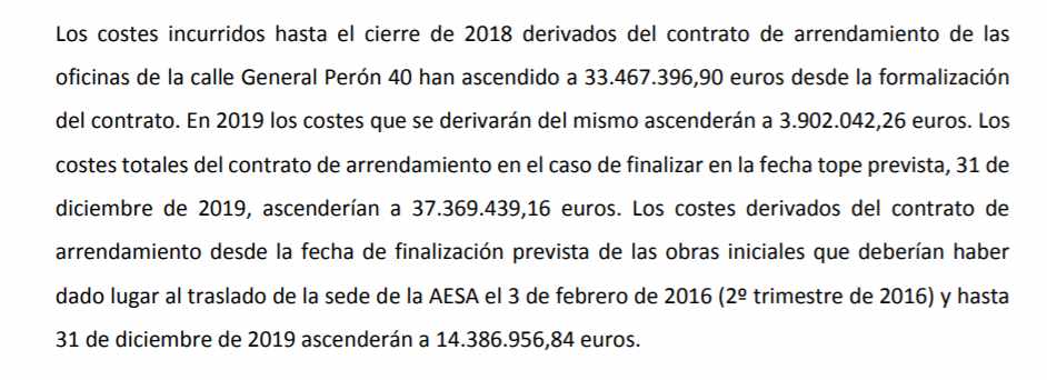 Extracto del informe de auditoría en el que se detalla el coste que ha tenido ya el alquiler.