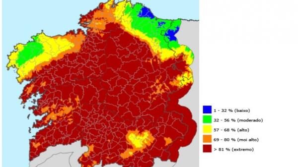 Casi toda Galicia se encuentra este sábado en riesgo extremo de incendio forestal