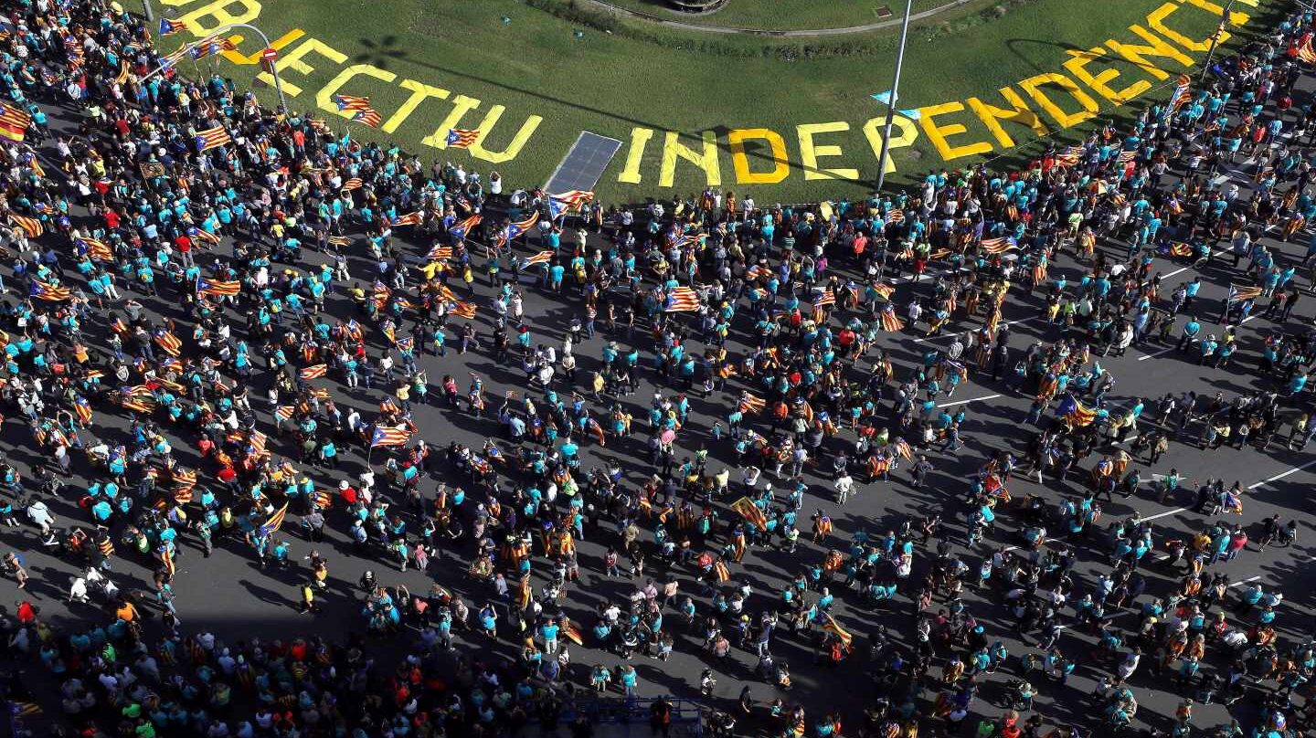Vista aérea de la plaza de España de Barcelona al inicio de la manifestación de la Diada.