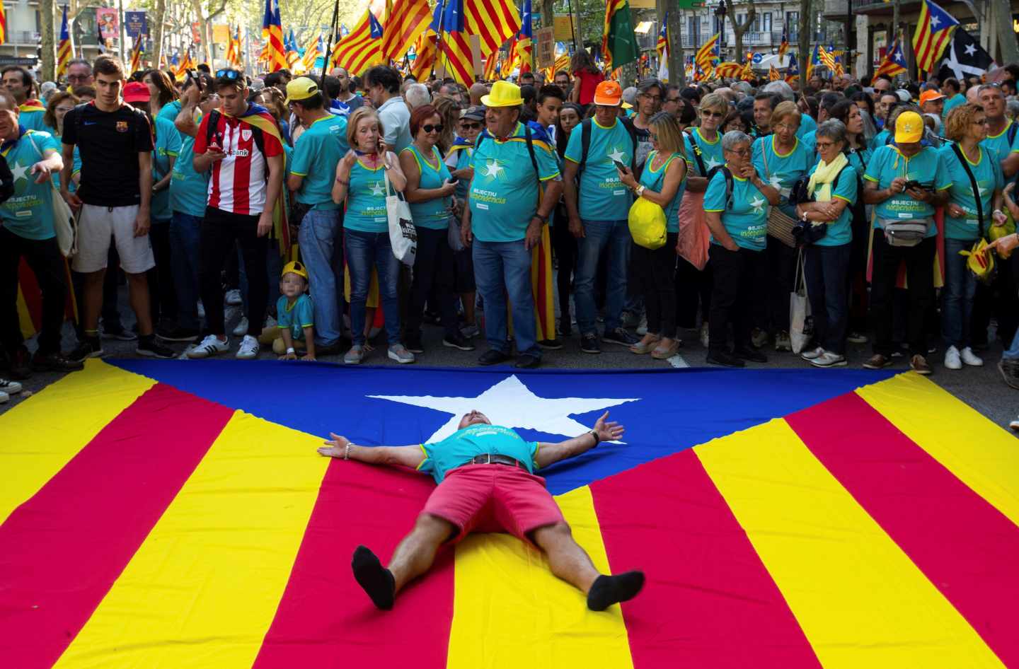 Un manifestante, tumbado sobre una estelada durante la Diada de 2019.