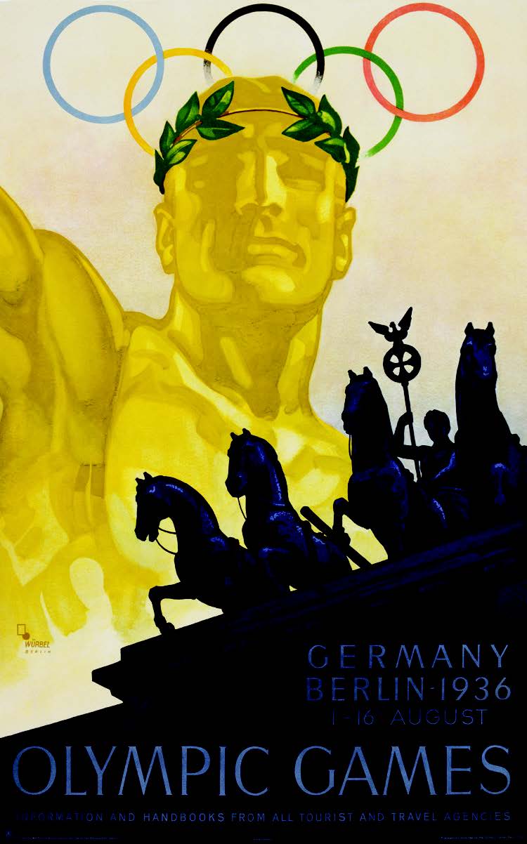 Cartel de las olimpiadas de Alemania, con una alegoría del Imperio Romano, en un exaltación aria.