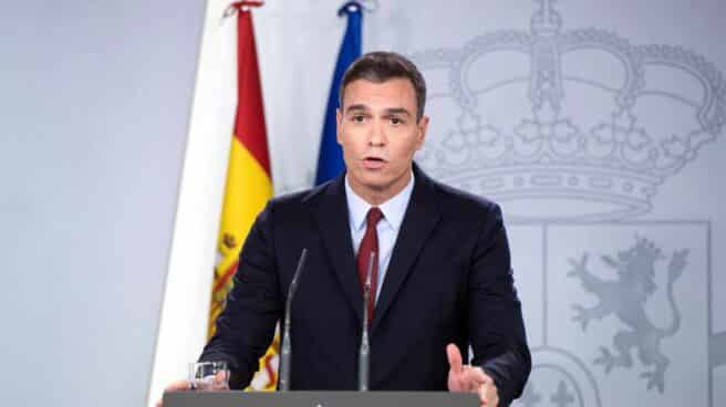 El presidente del Gobierno, Pedro Sánchez, durante la declaración institucional en Moncloa.