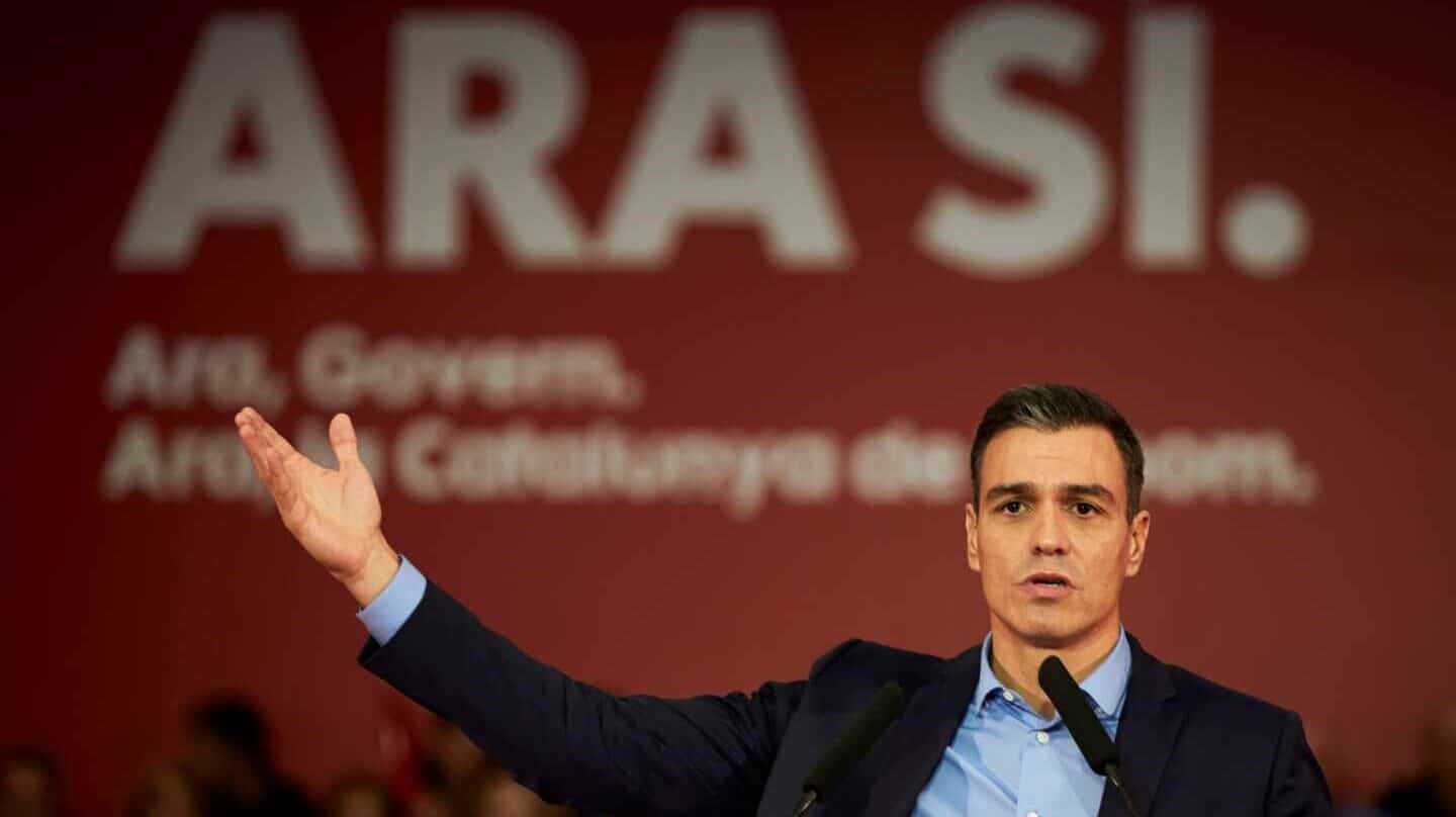 El presidente del Gobierno en funciones, Pedro Sánchez, interviene en un acto preelectoral celebrado este miércoles en Viladecans, Barcelona.