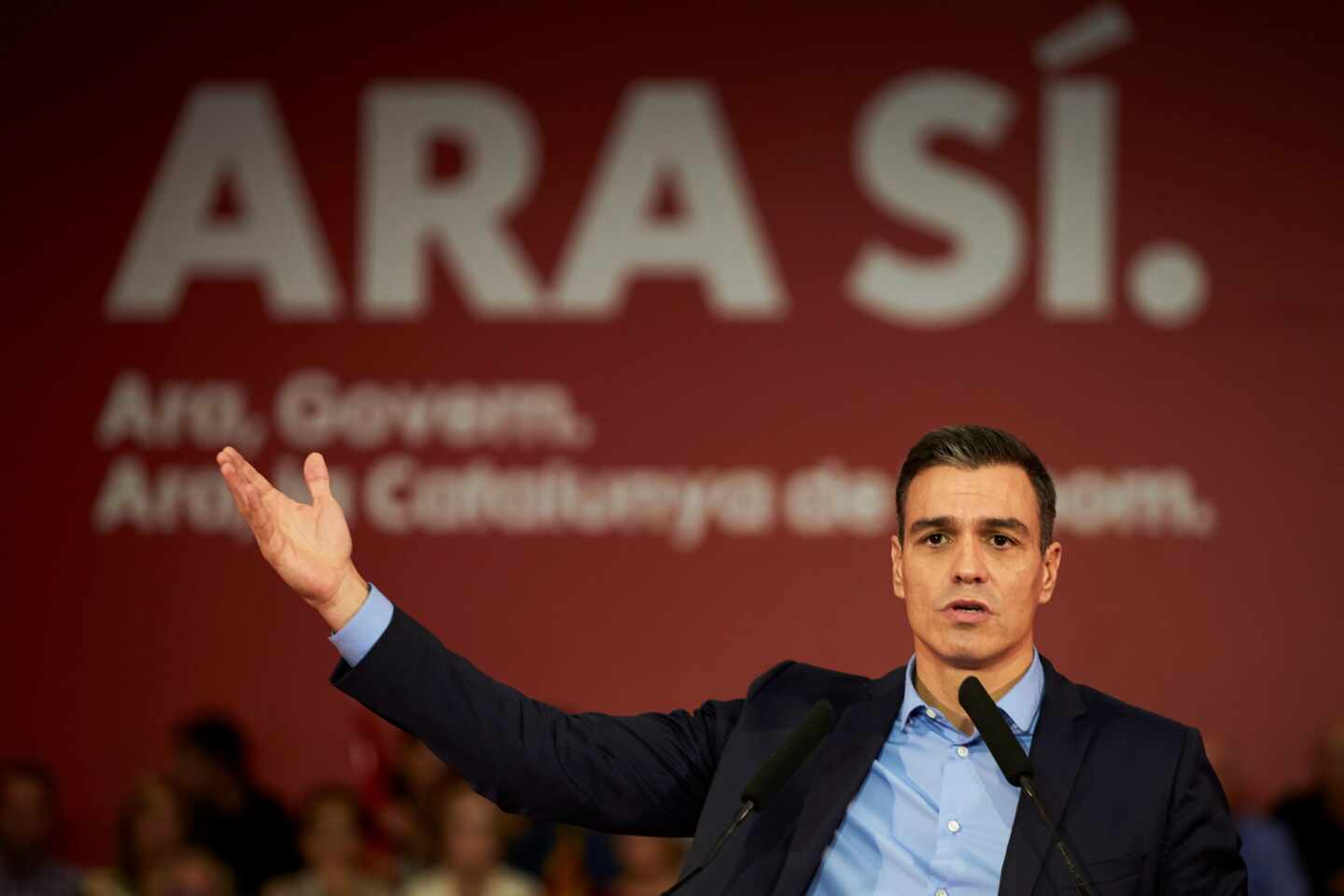 El presidente del Gobierno en funciones, Pedro Sánchez, interviene en un acto preelectoral celebrado este miércoles en Viladecans, Barcelona.