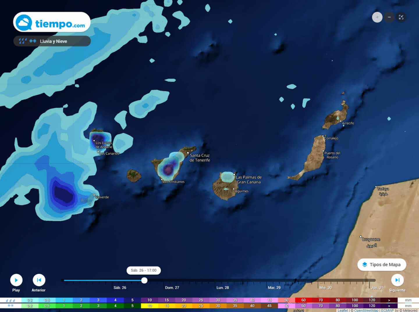 Este fin de semana las lluvias podrán ser persistentes en La Palma y el interior de la isla de Tenerife.