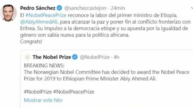Sánchez cuela una falta de ortografía en su tuit de felicitación al Nobel de la Paz