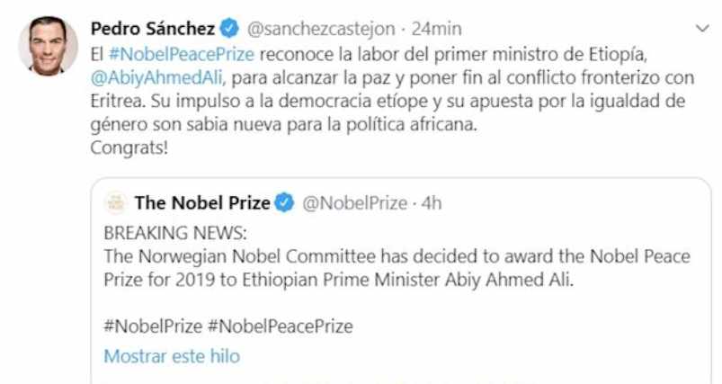 Sánchez cuela una falta de ortografía en su tuit de felicitación al Nobel de la Paz
