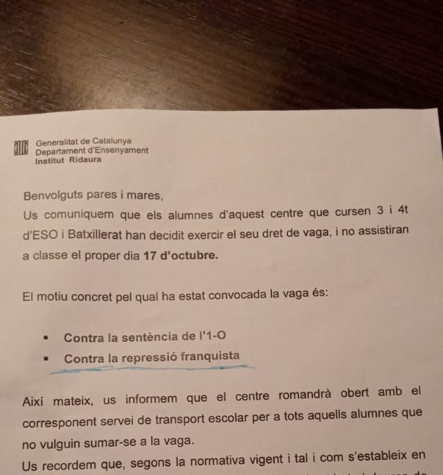 Varios institutos catalanes llaman a la huelga “contra la represión franquista”