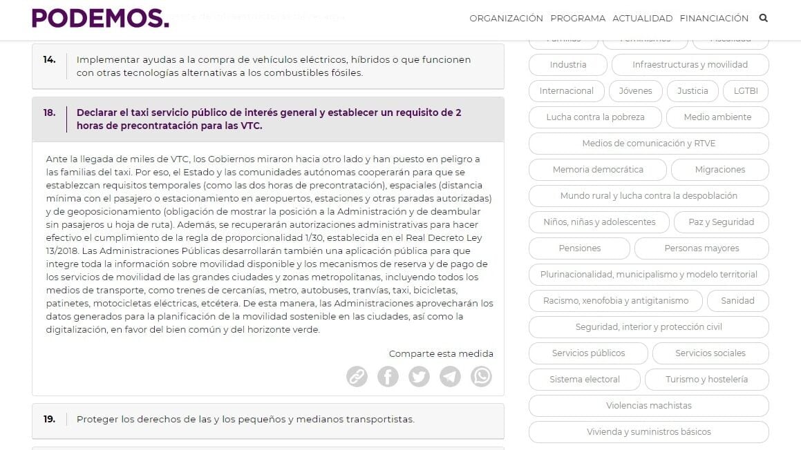 Podemos quiere que los autónomos del taxi sean servicio público de interés general