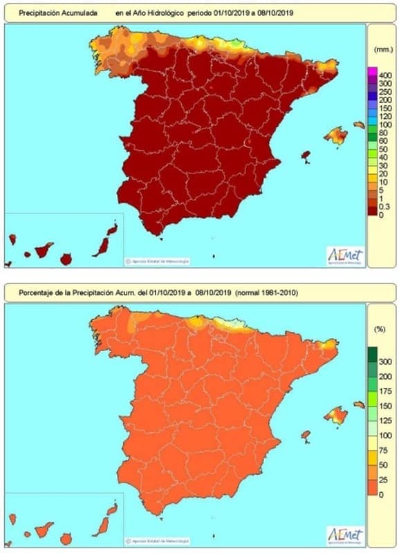 España acumula un 6% de las lluvias que serían normales en lo que va de octubre