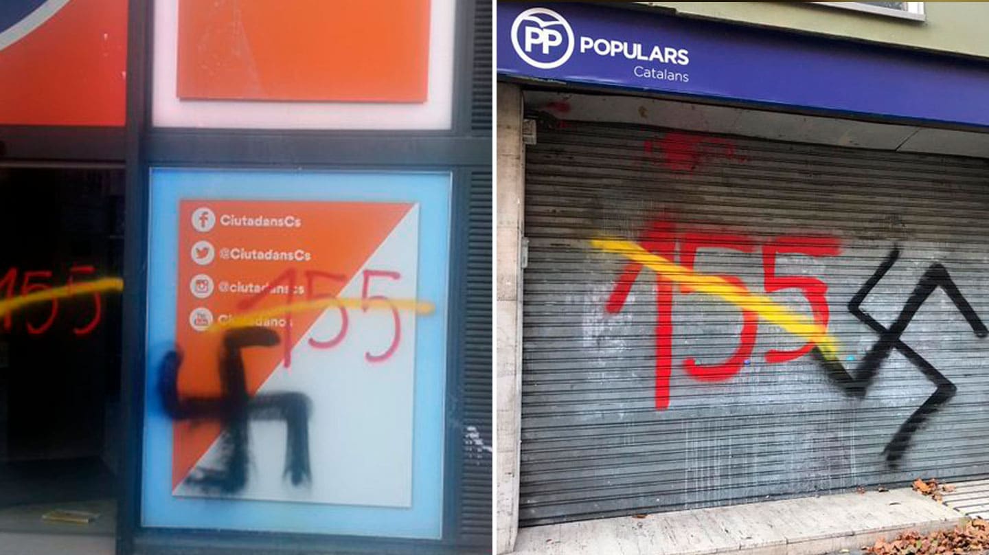 Las sedes de PP y Ciudadanos en Barcelona amanecen con pintadas de esvásticas
